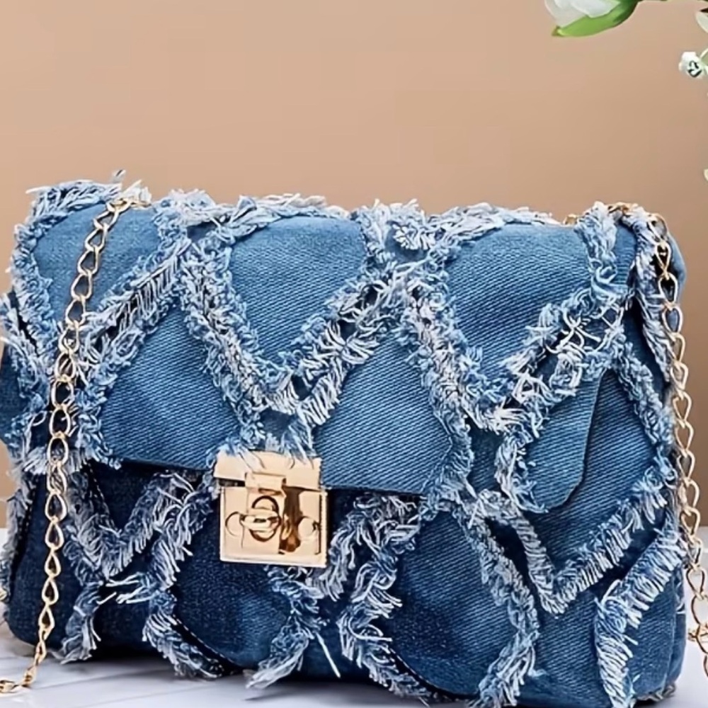 Stylish Blue Denim with Fray detail Clutch WITHOUT a Chain - Picture 1 of 3
